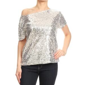 NWT Anna Kaci Sparkle & Shine Silver Sequin One Shoulder Top Womens XXL